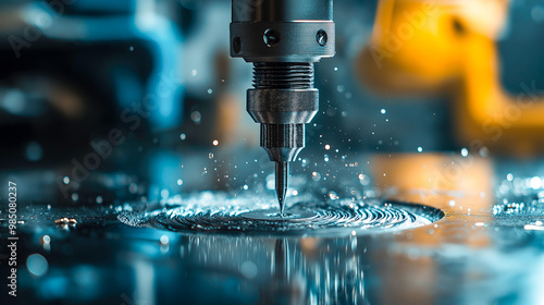 CNC router bit cutting through a metal sheet, forming an intricate pattern, with a sharp focus on the bit and a blurred background of workshop tools.