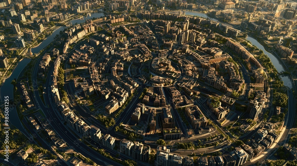 Aerial view of a circular city with a river running through it. Aerial view of a circular city with a river running through it.