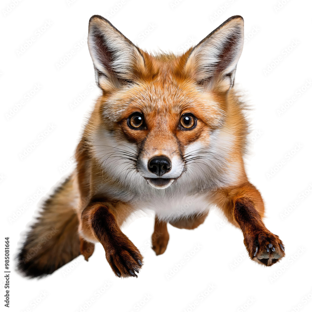 A red fox jumps towards the camera. A red fox jumps towards the camera.