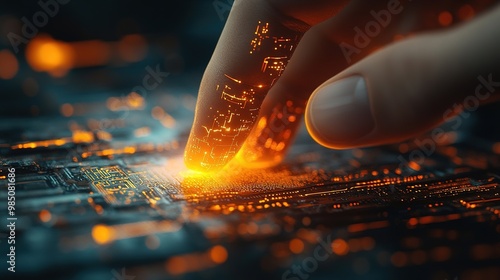 Close-up of a human finger touching a glowing orange circuit board with intricate digital patterns, concept for technology advancement, data analysis and futuristic innovation.