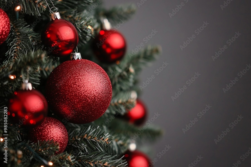 Red Christmas balls decorate a Christmas tree. Selective focus. Red Christmas balls decorate a Christmas tree. Selective focus.