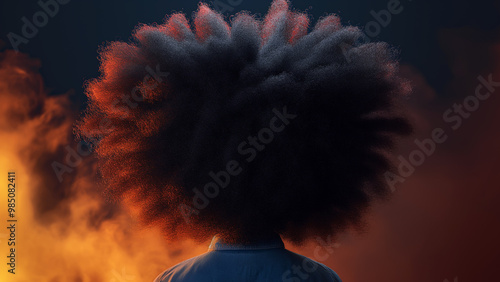 Back view of a person with a large afro hairstyle, illuminated by dramatic lighting and surrounded by clouds of smoke or fog, creating a mysterious atmosphere.