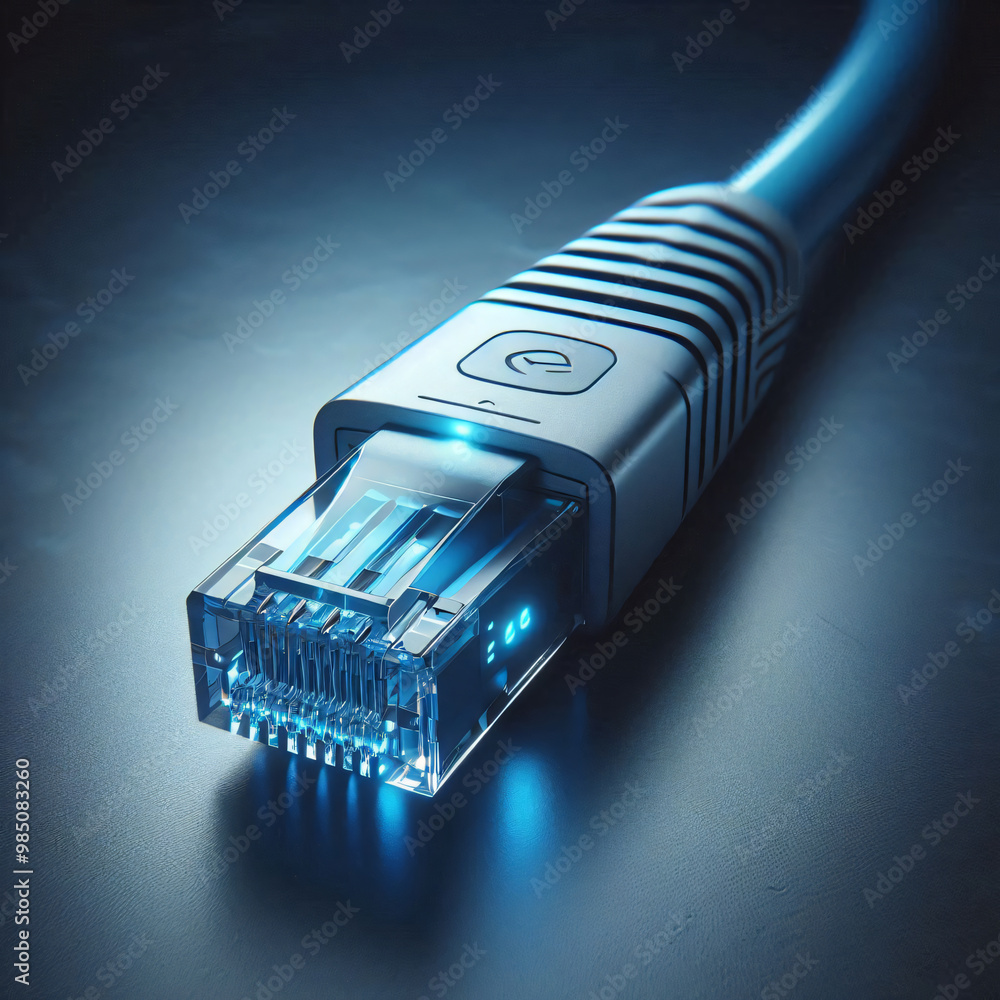 Modern cat 6 ethernet cable with blue LED lights