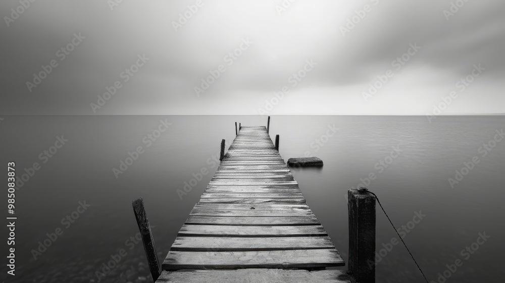 Fototapeta premium A shadowy silhouette of a person walking alone on a pier, engulfed in darkness.