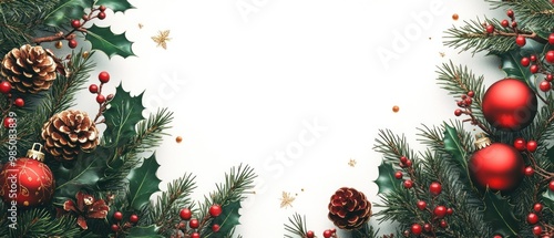 Festive Christmas Frame of Evergreen Branches, Holly, Red Berries, Pine Cones, and Ornaments