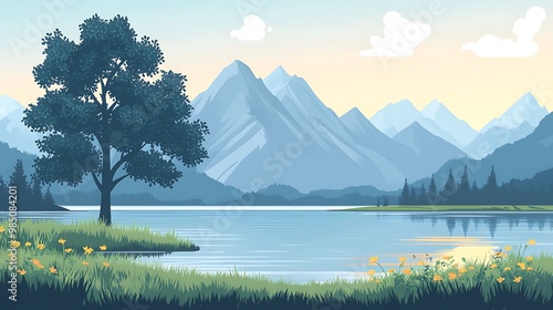 2d flat design vector illustration of nature landscape  lake and mountain