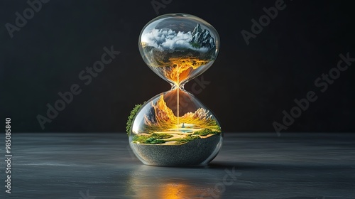 An hourglass filled with a miniature landscape, symbolizing the passage of time. . photo