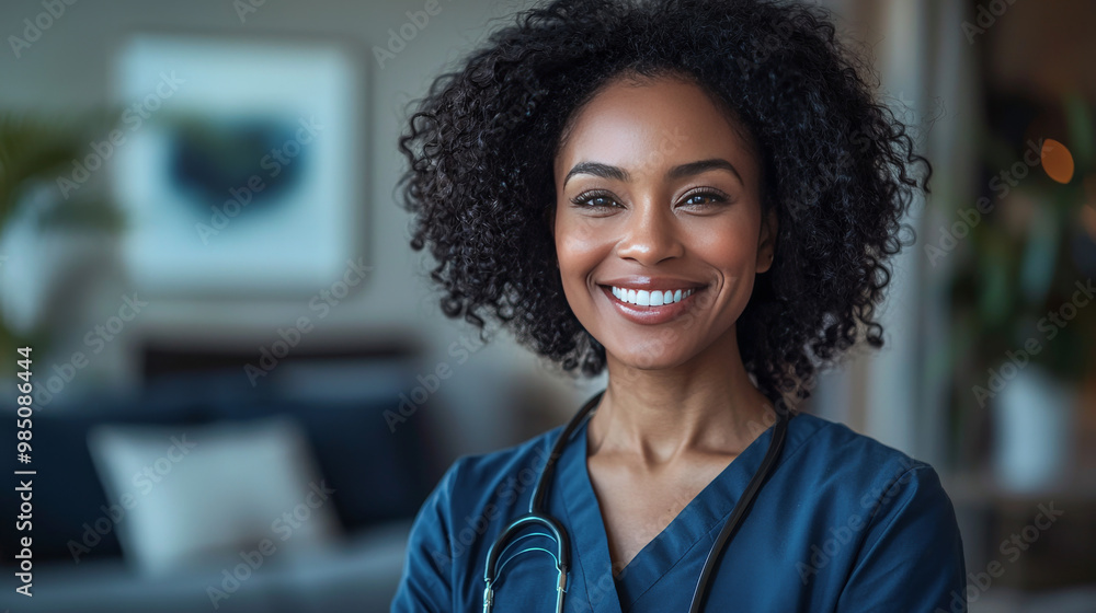 Smiling female doctor in scrubs and stethoscope Smiling female doctor in scrubs and stethoscope