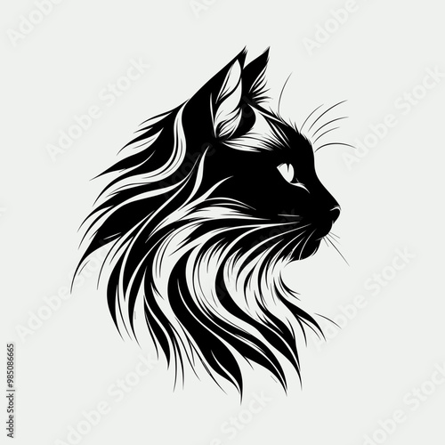 A Balinese cat with long hair is shown in a black and white drawing