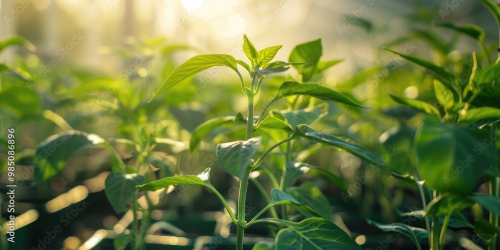 Thriving young green pepper plants in a controlled environment. Thriving young green pepper plants in a controlled environment.
