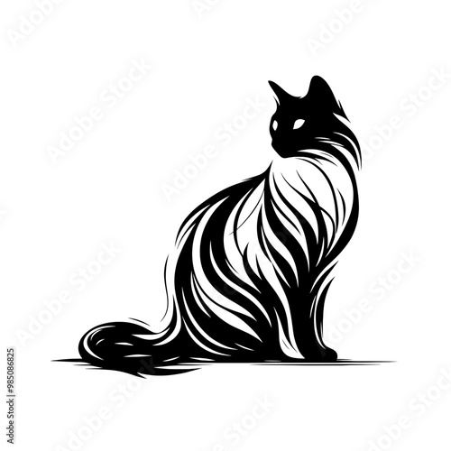 A Japanese Bobtail cat with long hair is sitting on a white background. The cat has a very elegant and graceful appearance