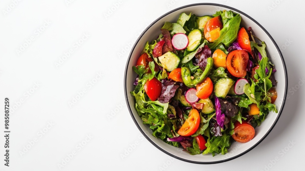 Salad with fresh summer vegetables top view on white background with copy space. Natural organic healthy vegetarian food Salad with fresh summer vegetables top view on white background with copy space. Natural organic healthy vegetarian food