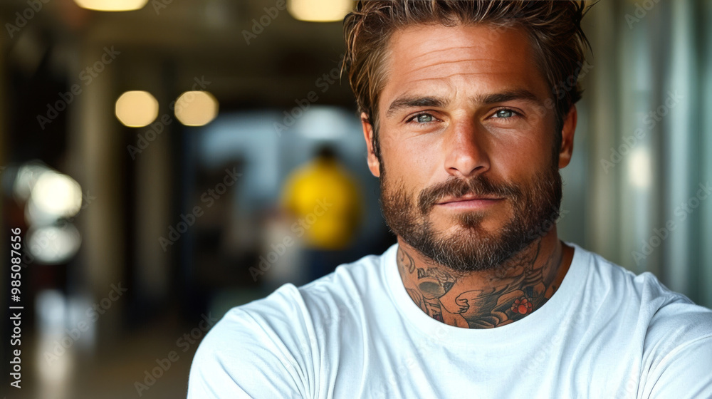 A man with a beard and tattoos looks directly at the camera. A man with a beard and tattoos looks directly at the camera.