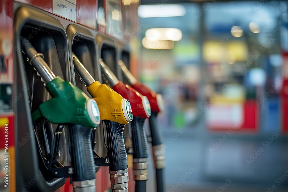 Gas station fuel pump nozzles with different colors, gasoline, diesel, and biofuel. Concept of transportation, energy, and fuel economy. Gas station fuel pump nozzles with different colors, gasoline, diesel, and biofuel. Concept of transportation, energy, and fuel economy.