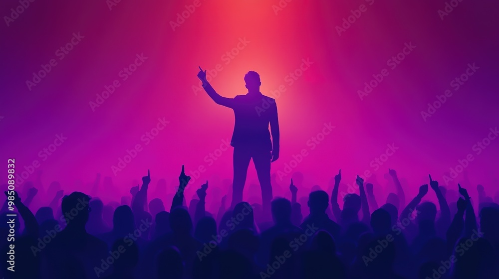Silhouettes of a crowd cheering a speaker under a purple and red spotlight. .
