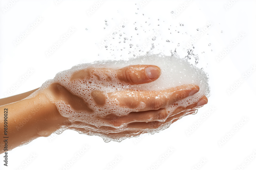 Gentle hands rub together, creating a cascade of soap bubbles, as water splashes around in a bright and refreshing moment of cleanliness Gentle hands rub together, creating a cascade of soap bubbles, as water splashes around in a bright and refreshing moment of cleanliness