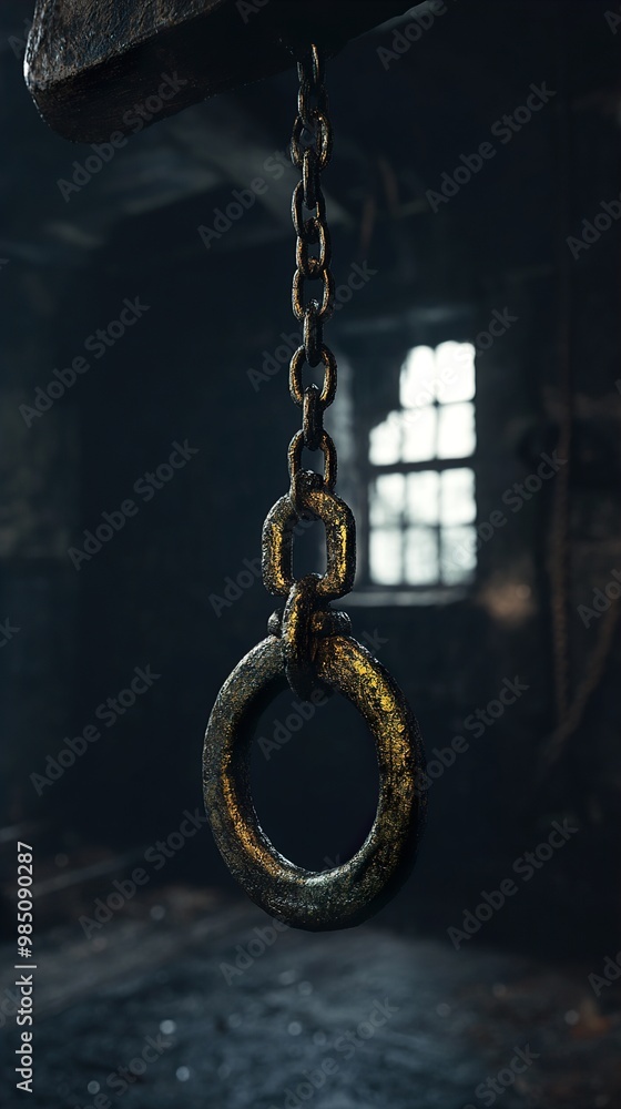 Rusty Chain and Ring in a Dark Industrial Setting Rusty Chain and Ring in a Dark Industrial Setting