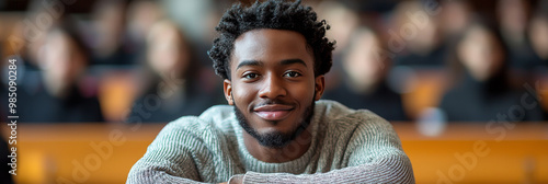 A young man smiles confidently at the camera.