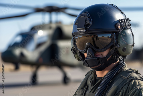 A military Apache pilot stands confidently in front of an aircraft during a sunny day, showcasing dedication and skill in aviation