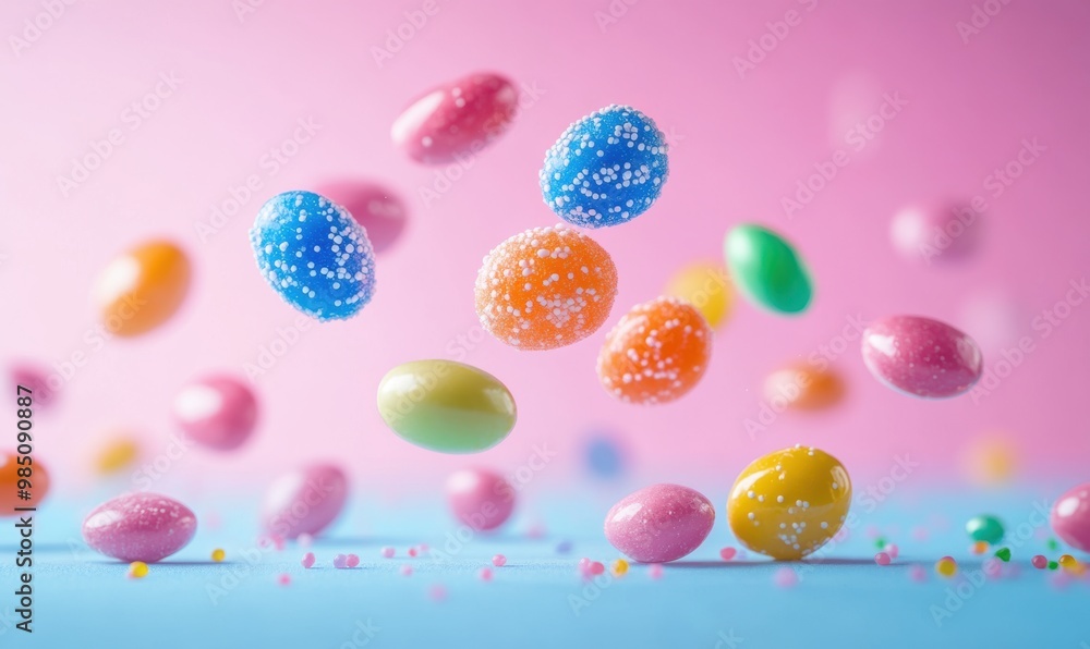 Dynamic candy rain against a two-tone pastel backdrop Dynamic candy rain against a two-tone pastel backdrop