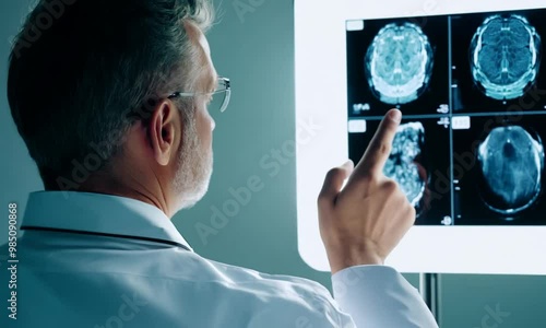 Doctor checking brain scan on lightbox with neurological for medical analysis and diagnosis