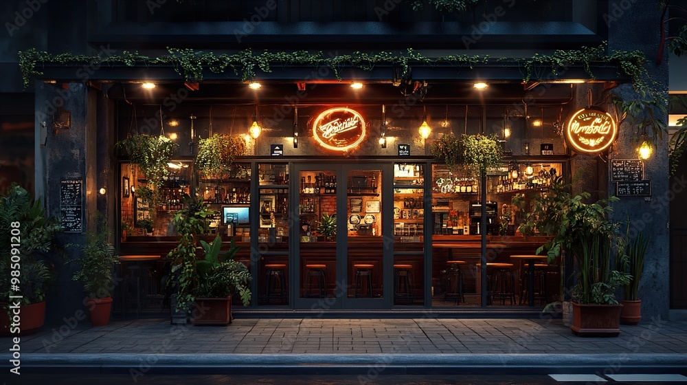 Nightlife in the City: Cozy Bar with Neon Sign Nightlife in the City: Cozy Bar with Neon Sign
