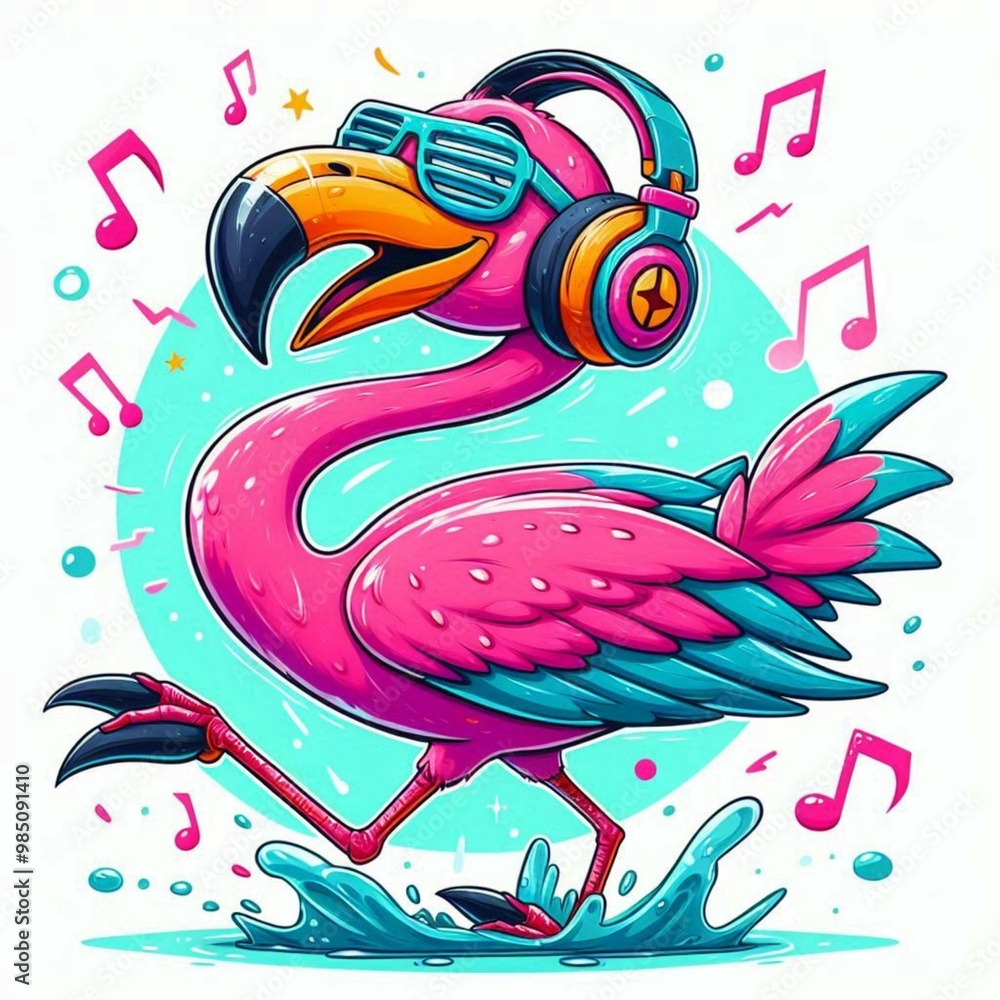 Φωτογραφία Happy dancing pink flamingo bird listening to music with headphones
