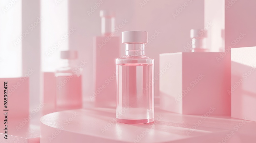 A pink glass bottle with a white cap stands on a pink pedestal with pink squares in the background. A pink glass bottle with a white cap stands on a pink pedestal with pink squares in the background.