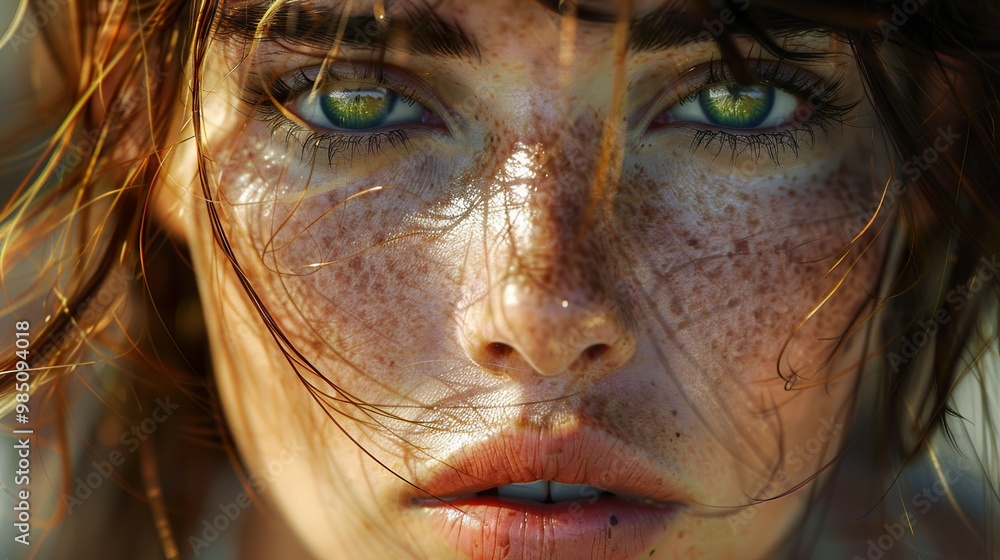 Close Up Portrait of a Woman with Green Eyes and Freckles Close Up Portrait of a Woman with Green Eyes and Freckles