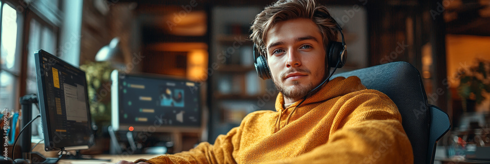 Young man wearing headphones at his desk. Young man wearing headphones at his desk.