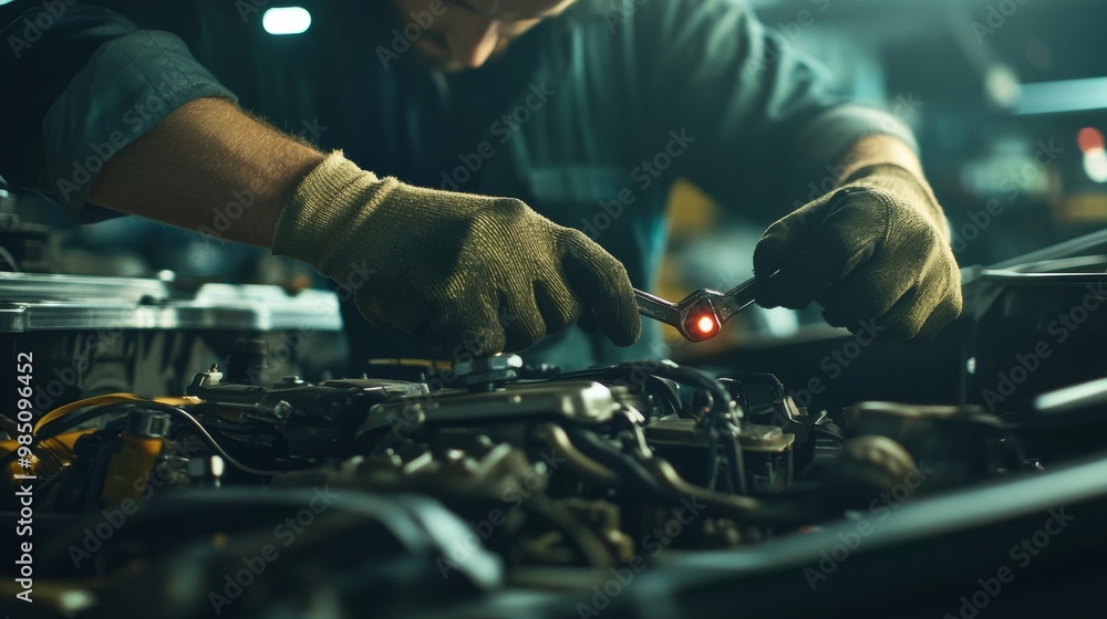 Auto mechanic fixing engine in garage with wrench, addressing overheating issues under dim light Auto mechanic fixing engine in garage with wrench, addressing overheating issues under dim light