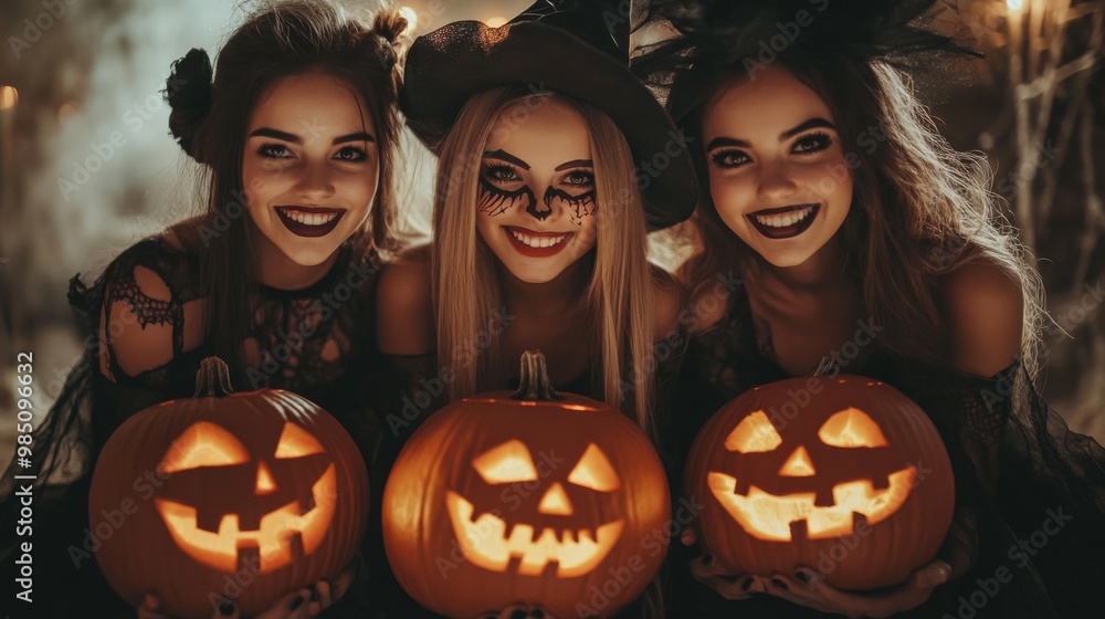 Group of Children in Witch Costumes with Pumpkin Masks and Jack-o'-Lanterns – Spooky Halloween Celebration Group of Children in Witch Costumes with Pumpkin Masks and Jack-o'-Lanterns – Spooky Halloween Celebration
