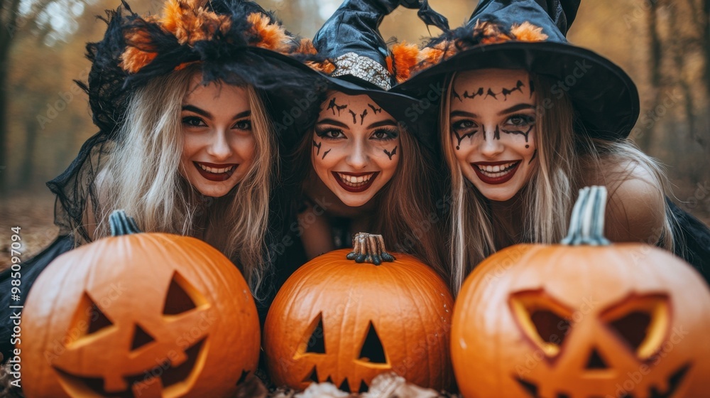 Group of Children in Witch Costumes with Pumpkin Masks and Jack-o'-Lanterns – Spooky Halloween Celebration Group of Children in Witch Costumes with Pumpkin Masks and Jack-o'-Lanterns – Spooky Halloween Celebration
