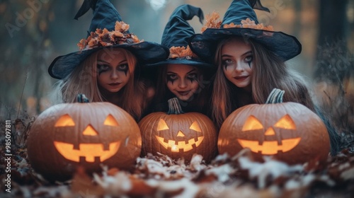 Group of Children in Witch Costumes with Pumpkin Masks and Jack-o'-Lanterns – Spooky Halloween Celebration