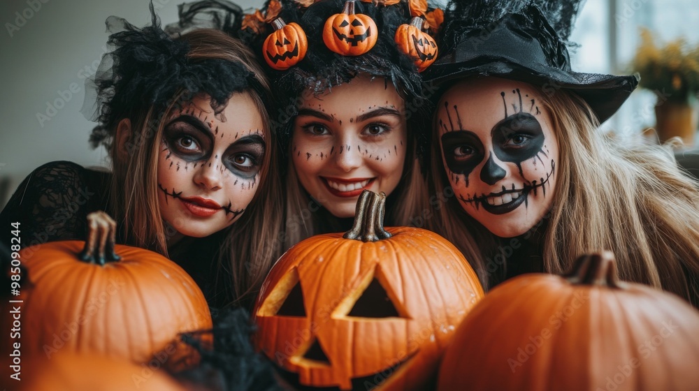 Group of Children in Witch Costumes with Pumpkin Masks and Jack-o'-Lanterns – Spooky Halloween Celebration Group of Children in Witch Costumes with Pumpkin Masks and Jack-o'-Lanterns – Spooky Halloween Celebration