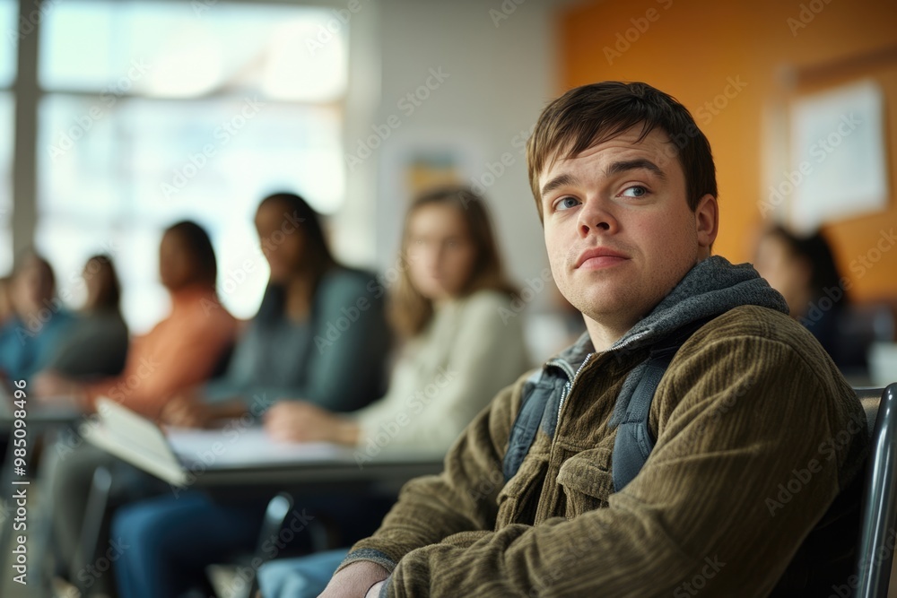 Inclusive education for man with Down syndrome in community center. Inclusive education for man with Down syndrome in community center.