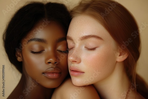 Diverse young women bonding promoting natural beauty.