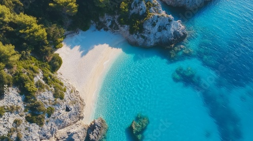 Fototapeta Naklejka Na Ścianę i Meble -  Aerial view of lalaria beach on skiathos island, greece  stunning turquoise waters from above