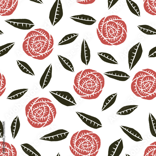 Linocut Red Roses with Black Leaves Seamless Vector Repeat Pattern