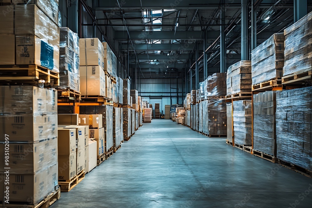 Warehouse Interior with Pallets and Cardboard Boxes, Logistics, Distribution and Storage Concept Warehouse Interior with Pallets and Cardboard Boxes, Logistics, Distribution and Storage Concept