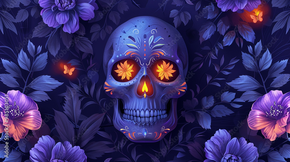 Festive Dia De Muertos pattern background with flowers Festive Dia De Muertos pattern background with flowers