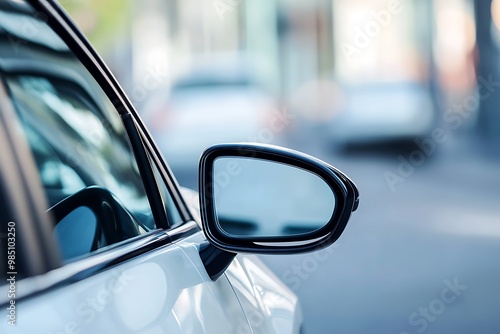 Close up of a car side mirror with blurred city street in background photo