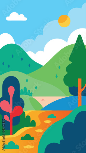 Nature and landscape. Vector cute modern abstract trendy gouache illustrations of trees, park, field, river, forest, hills, sky, clearing, bush for poster, background or card 