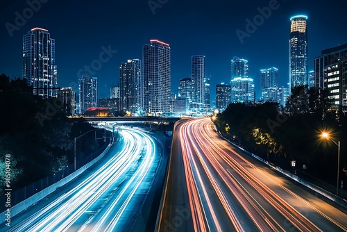 Nighttime cityscape with highway and speeding cars. City lights illuminate the busy traffic flow in the metropolis. Abstract blur of motion.