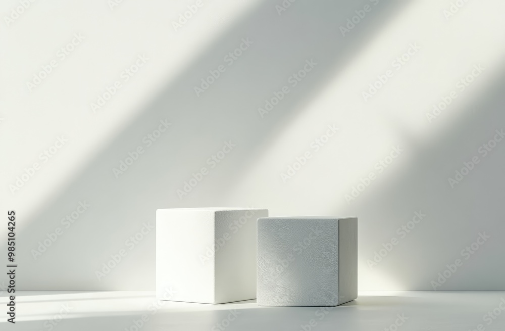 Two white cubes on a white surface with a long shadow falling on them. Two white cubes on a white surface with a long shadow falling on them.