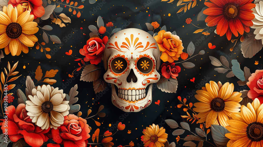 Festive Dia De Muertos pattern background with flowers Festive Dia De Muertos pattern background with flowers