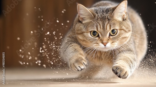 A cat running on a floor with some dust coming off of it, AI