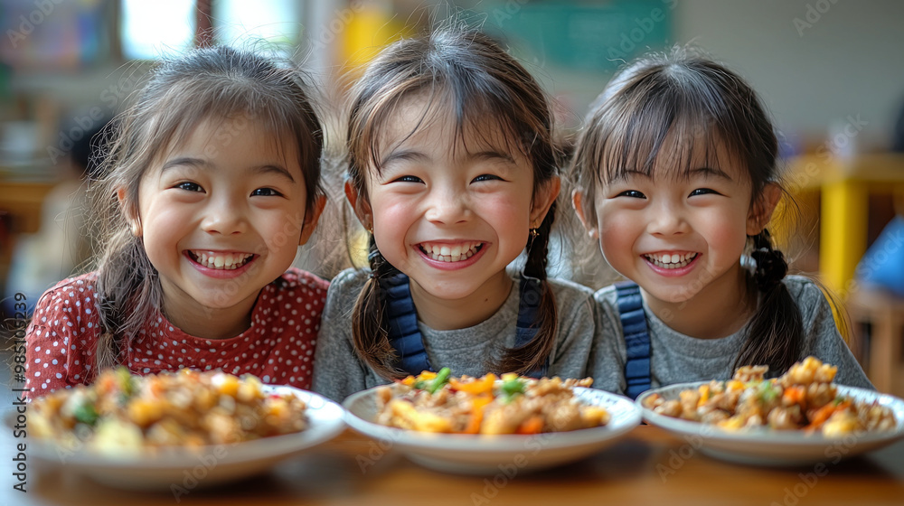 Three young girls smile brightly as they enjoy a meal together. Three young girls smile brightly as they enjoy a meal together.