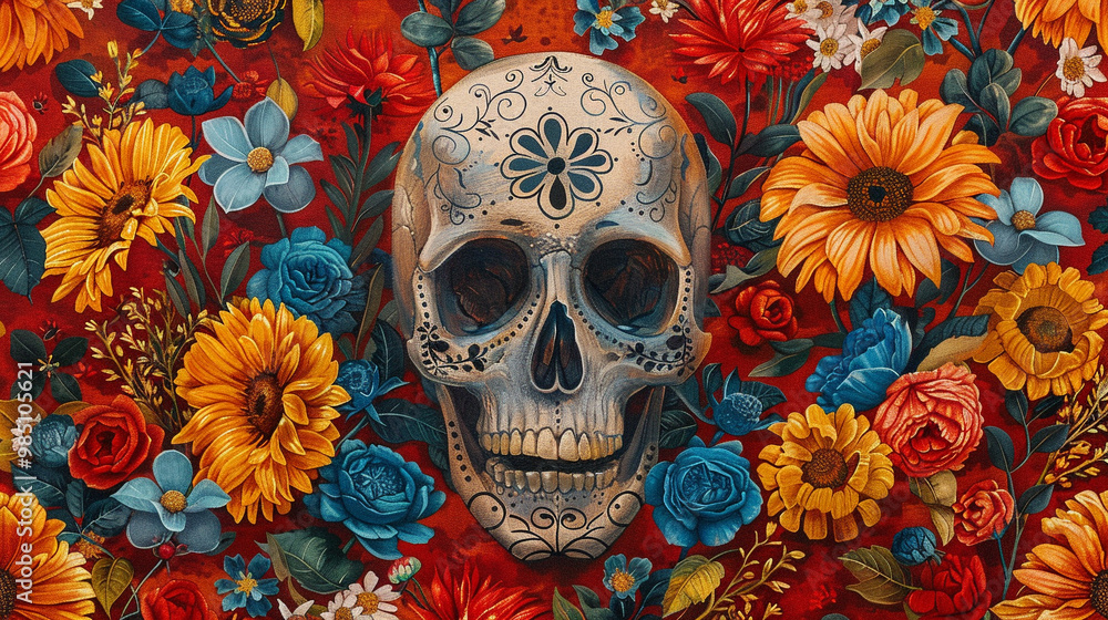 Festive Dia De Muertos pattern background with flowers Festive Dia De Muertos pattern background with flowers