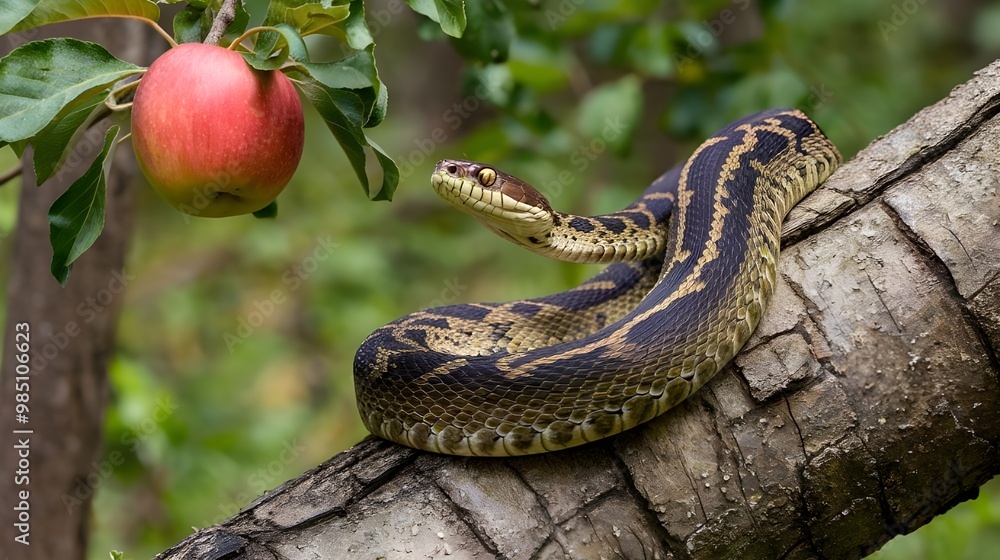 Fototapeta premium snake on apple tree branch 
